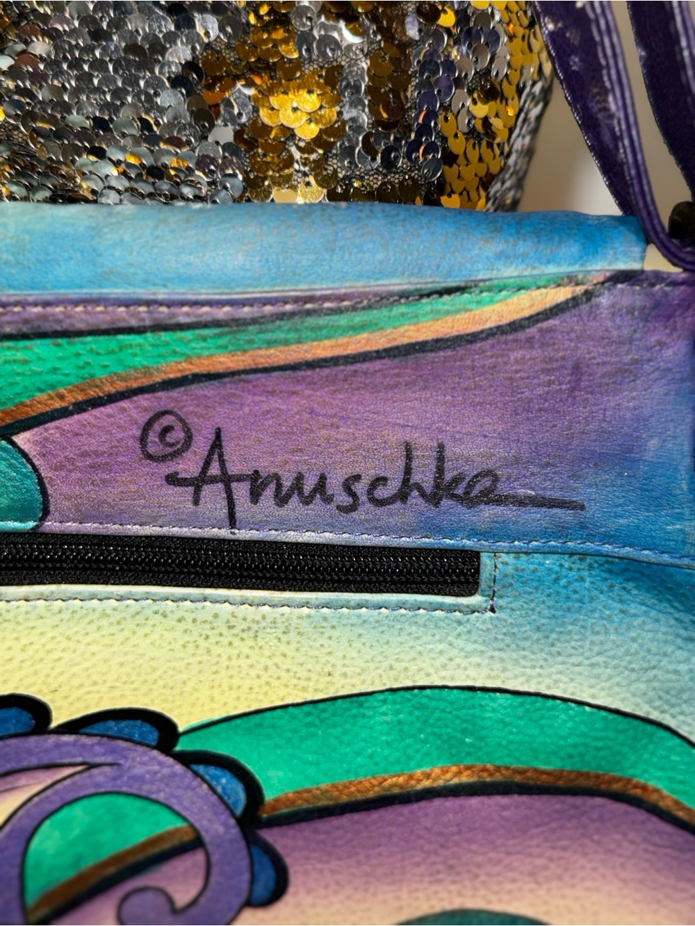 Anuschka Hand-Painted Leather Flap Over Purse Bag Tote Purple Paisley Flowers - Picture 3 of 3